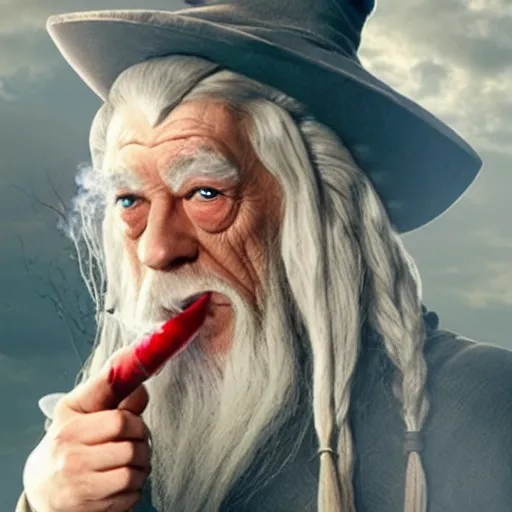 Image similar to gandalf smoking weed with red eyes