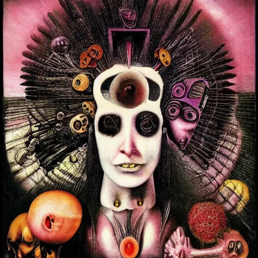 Image similar to post - punk new age album cover, magic, apocalypse, psychedelic, psychonaut, black white pink, magic, giger h. r., giuseppe arcimboldo