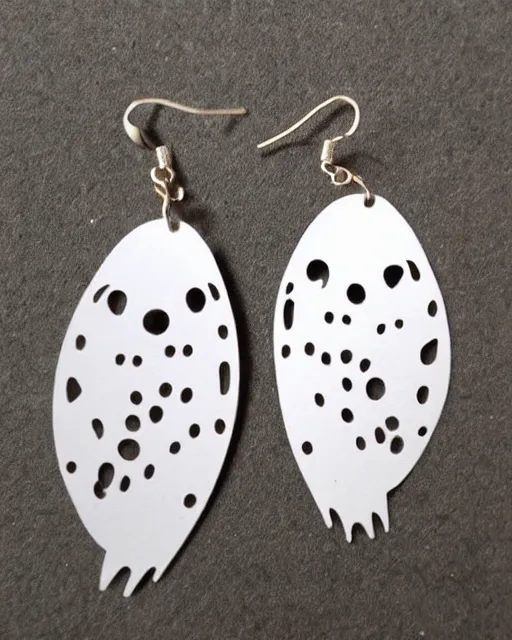 Image similar to cute funny ghost, 2 d lasercut wood earrings, ultra realistic, concept art, intricate details, highly detailed, trending on artstation, trending on deviantart