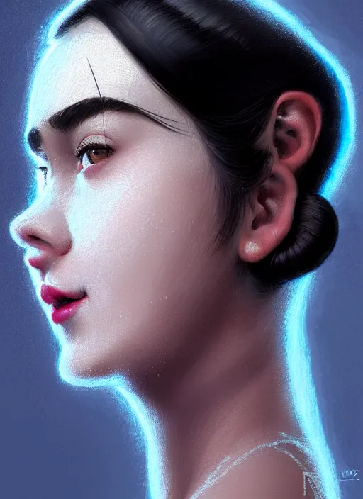 Image similar to portrait of teenage girl, narrow face, black hair and eyebrows, bangs, half updo hairstyle, buck teeth, unattractive, defined jawline, long chin, smile, hair bow, intricate, elegant, glowing lights, highly detailed, digital painting, artstation, concept art, sharp focus, illustration, art by wlop, mars ravelo and greg rutkowski