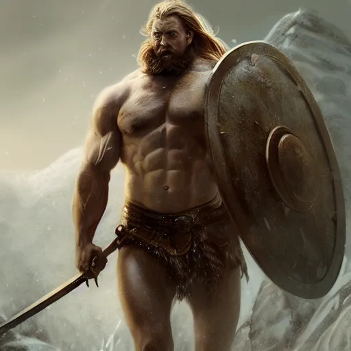 Image similar to cinematic view muscular viking after a battle on the snowy mountains blizzard digital painting, artstation, concept art, soft light, hdri, smooth, sharp focus, illustration, fantasy, intricate, elegant, highly detailed, D&D, matte painting, in the style of Greg Rutkowski and Alphonse Mucha and artemisia, 8k, highly detailed, jurgens, rutkowski, bouguereau, pastoral, rustic, georgic