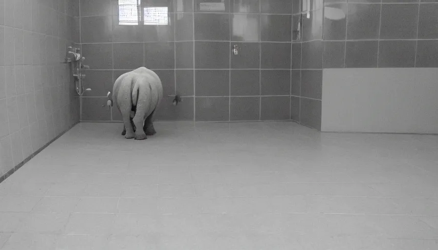 Image similar to a rhinoceros in a public bathroom with yellow tiles floor, mini dv camera found footage, very very low quality picture, heavy grain, heavy jpeg artifact blurry, caught on trail cam, 1 4 4 p