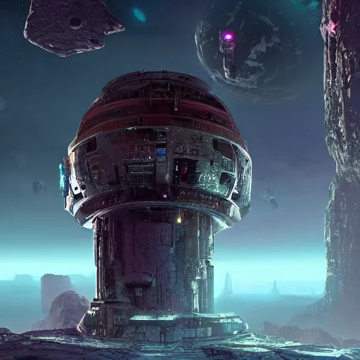 Image similar to The lonely ruined tower on the asteroid in the abyss of space, cyberpunk