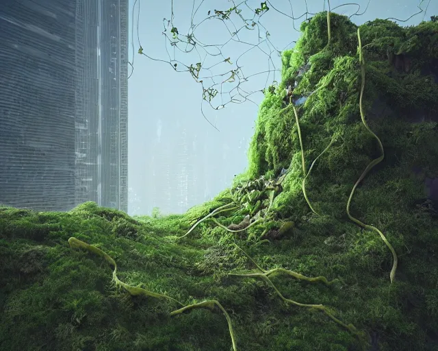 Prompt: Skyscraper with small little vines and moss growing on it, abandoned. intricate artwork by Tooth Wu and wlop and beeple. octane render, hyper realism, 8k