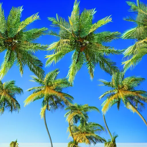 Prompt: surreal palm trees floating floating floating in blue sky, random positions floating, flying