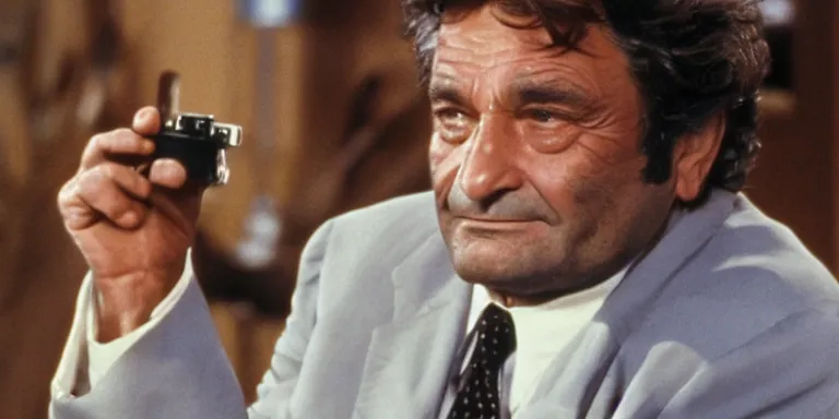 Prompt: photorealistic close up cinematography of peter falk acting in a 1 9 6 9 episode of columbo shot on 3 5 mm eastman 5 2 5 4 film with a 6 5 mm cooke panchro macro lens shot by cinematographer russell metty