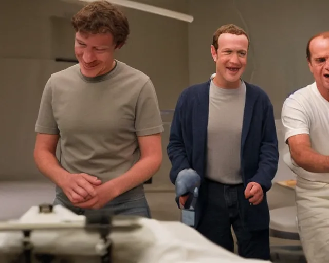 Image similar to mark zuckerberg and jack nicholson play termiantor, scene where their endoskelet gets exposet