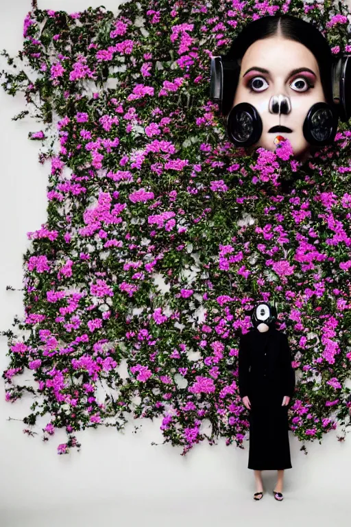 Prompt: a surreal portrait of a woman wearing gas mask blending into a wall of black flowers in the style of brooke didonato, editorial fashion photography from vogue magazine, full shot, nikon d 8 1 0, ƒ / 2. 5, focal length : 8 5. 0 mm, exposure time : 1 / 8 0 0, iso : 2 0 0