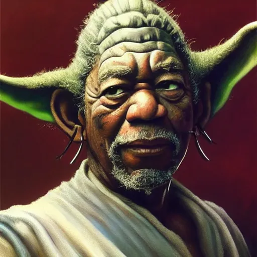 Image similar to ultra realistic portrait painting of morgan freeman as yoda, art by frank frazetta, 4 k, ultra realistic, highly detailed, epic lighting