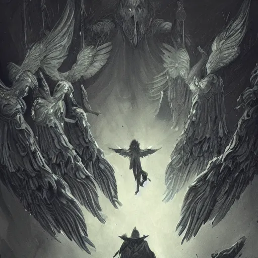 Image similar to angels protecting a praying man, detailed intricate ink illustration, dark atmosphere, detailed illustration, hd, 4k, digital art, overdetailed art, by greg rutkowski, by loish, complementing colors, Trending on artstation, deviantart