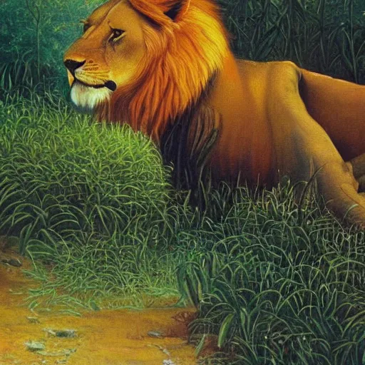 Prompt: lions. douanier rousseau style. vibrant. amazing painting. beautiful. high resolution. highly realistic. cool tones. close - up.