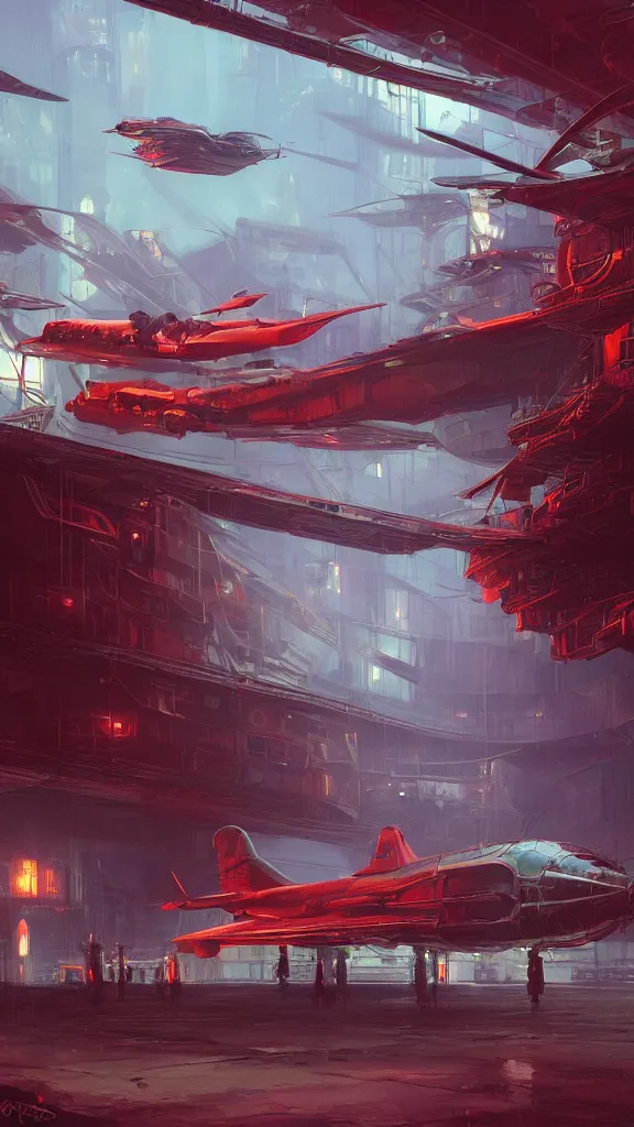 Image similar to concept art, retro - futurist steampunk pilot, airship hangar, imperious, octane render, artstation, dramatic neon lighting, glowing imperial motifs, eerie, mysterious, red turquoise accents, bladerunner, by gerald brom, james jean, syd mead, akihiko yoshida, cinematic