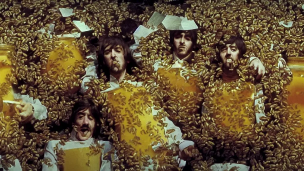 Prompt: The Beatles!!! drowning in honey! in a large honey jar, film still from the movie directed by Denis Villeneuve with art direction by Salvador Dalí, wide lens