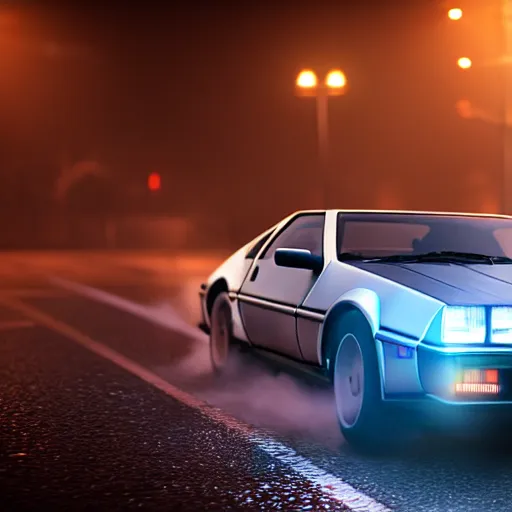 Image similar to hyperdetailed, photorealistic photograph of a dmc 1 2 delorean driving in the streets, rain, night, dense fog, hd, unreal engine 5