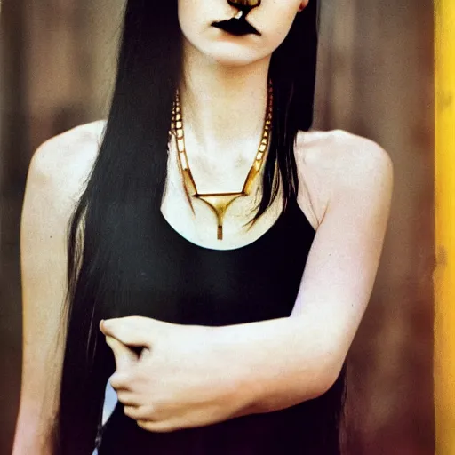 Image similar to medium shot, color slide Kodak Ektachrome E100, studio photographic portrait of Death as a young, attractive, gorgeous, friendly, amicable, pale, porcelain looking skin, goth, girl around 20 years old, wears a Ankh Necklace, casual black clothes, golden hour, Nikon camera, 75mm lens, f/2.8 aperture, HD, hi-res, hi resolution, deep depth of field, sharp focus, rich deep moody colors, masterpiece image, intricate, realistic, elegant, highly detailed, Shutterstock, Curated Collections, Sony World Photography Awards, Pinterest, by Annie Leibovitz