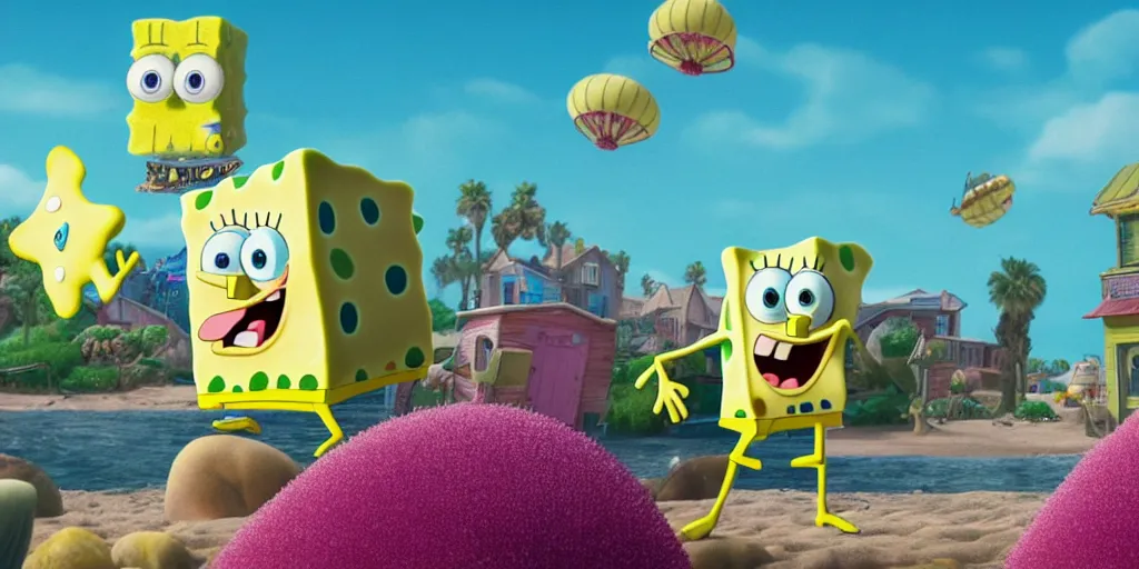 Image similar to a very high resolution image from a new movie of spongebob's home. beautiful scenery, photorealistic, photography, directed by wes anderson