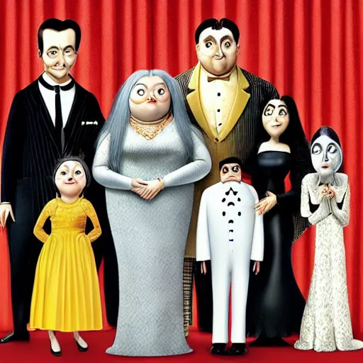 Image similar to family portrait, highly detailed, the addams family all played by Jim Carrey, indoors