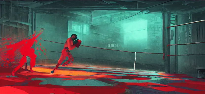 Prompt: handmade illustration of a violent boxing match in an industrial room, line art, octane render with volumetric lighting, architectural illustration by cedric peyraavernay, waste processing machinery, bladerunner, green and red radioactive swamp, by Remedios Varo and Anato Finnstark and Greg Rutkowski, dayglo pink, dayglo blue, dazzle camouflage, 8k, trending on ArtStation