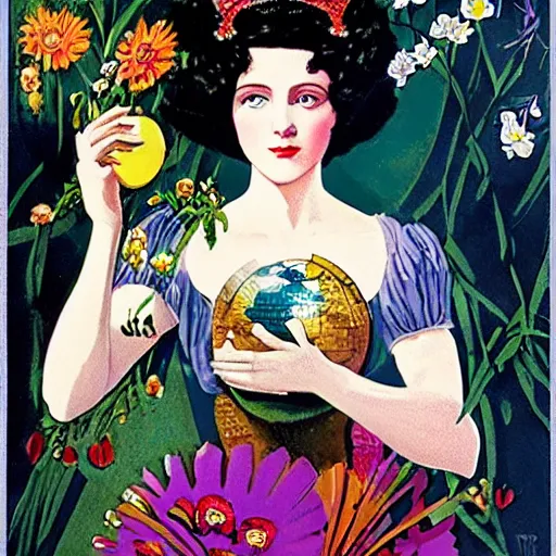 Image similar to a royal portrait of a cyborg woman. she holds a globe in one hand and flowers in the other. illustrated by burton rice. black orchid movie poster. 1 9 1 2.