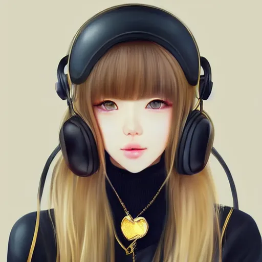 Image similar to realistic beautiful gorgeous natural cute Blackpink Lalisa Manoban blonde hair cute fur blonde cat ears wearing headphones wearing black leather choker in sweaters outfit golden eyes artwork drawn full HD 4K highest quality in artstyle by professional artists WLOP, Taejune Kim, Guweiz, ArtGerm on Artstation Pixiv