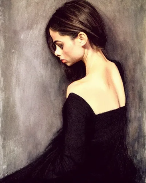 Prompt: style of jules bastien - lepage : : gorgeous willa holland : : evil witch, swirling black magic, black dress : : symmetrical face, symmetrical eyes : : full body pose : : gorgeous black hair : : magic lighting, low spacial lighting : :