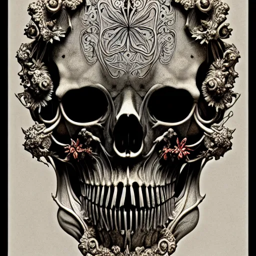 Image similar to art forms of nature by ernst haeckel, memento mori by arthur rackham, ornate antique porcelain beautiful skull mask, ultrasharp, photorealistic, hyperdetailed, octane render, polished, art nouveau, neo - gothic, gothic, intricate ornamental organic filigree, art nouveau botanicals, art forms of nature by ernst haeckel, horizontal symmetry, symbolist, visionary