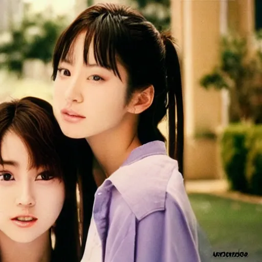 Image similar to 1990s, unbelievably beautiful, perfect, dynamic, epic, cinematic 8K HD movie shot of two semi-close-up japanese beautiful cute young J-Pop idols actresses girls, they express joy and posing together. By a Chinese movie director. Motion, VFX, Inspirational arthouse, high budget, hollywood style, at Behance, at Netflix, with Instagram filters, Photoshop, Adobe Lightroom, Adobe After Effects, taken with polaroid kodak portra