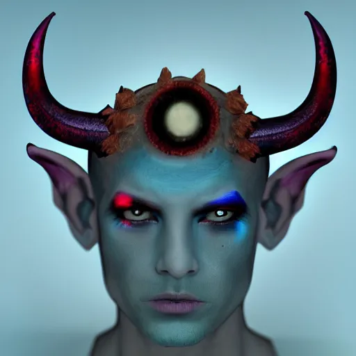 Image similar to blue djinn, horror, male, horns, 3rd eye