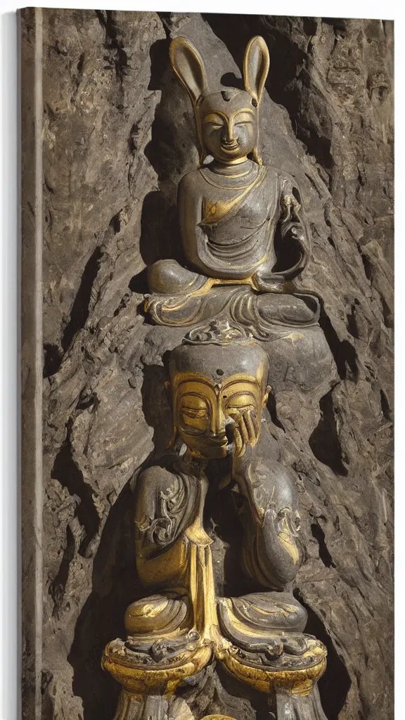 Image similar to a buddhism rabbit pray front of a big buddha statue by john singer sargent