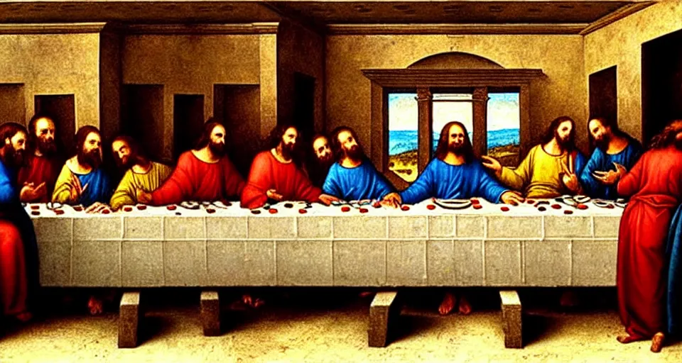 Image similar to The last supper, but Jesus is the DJ (disc jesus), painting by Leonardo da Vinci