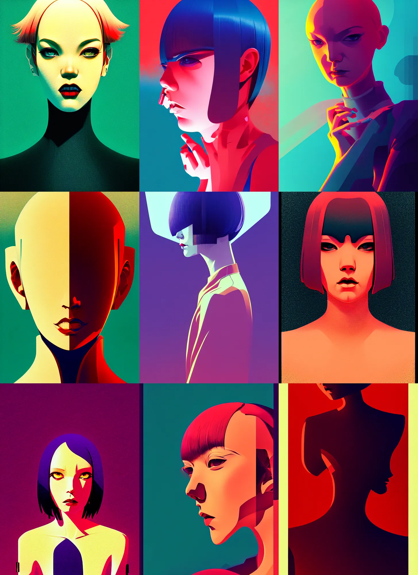 Prompt: ( ( dither ) ), editorial illustration portrait of reol, dynamic pose, modern art deco, ( ( mads berg ) ), christopher balaskas, rich grainy texture, detailed, dynamic composition, wide angle, moebius, kyoani, yoshinari yoh, matte print