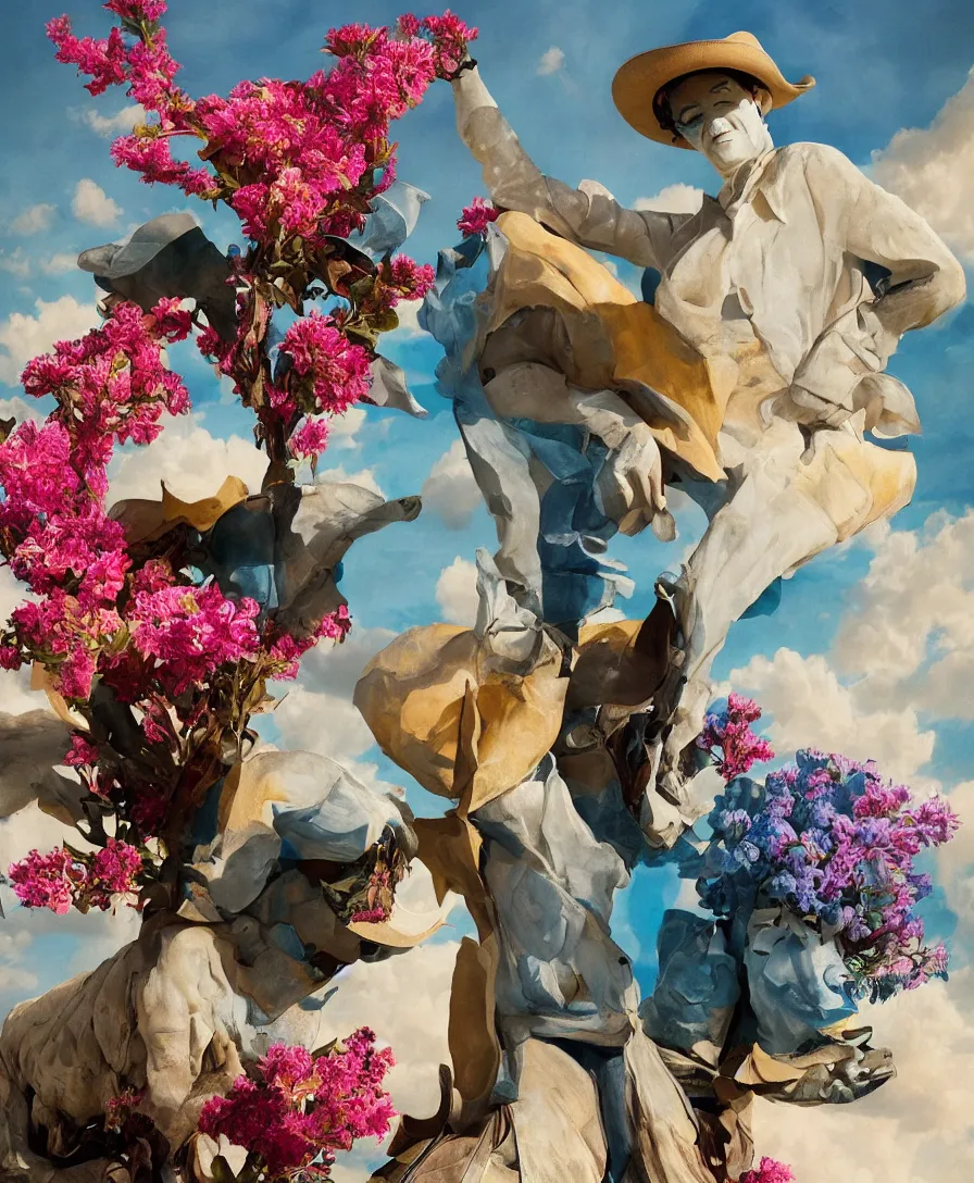 Image similar to a cowboy turning into blooms by slim aarons, by zhang kechun, by lynda benglis. tropical sea slugs, angular sharp tractor tires. complementary bold colors. photo of a manly cowboy. warm soft volumetric dramatic light. national geographic. 8 k, rendered in octane, smooth gradients. angular sculpture by antonio canova by gian lorenzo bernini.