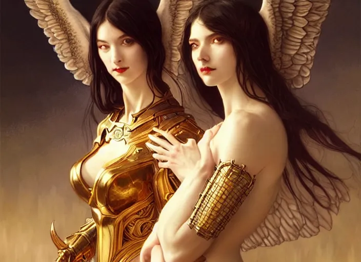 Prompt: portrait of demonic woman and angelic woman in armour, confident pose, pixie, genshin impact, intricate, elegant, golden ratio, sharp focus, soft bokeh, illustration, highly detailed, concept art, matte, trending on artstation, bright colors, art by wlop and artgerm and greg rutkowski, mucha, giger, marvel comics