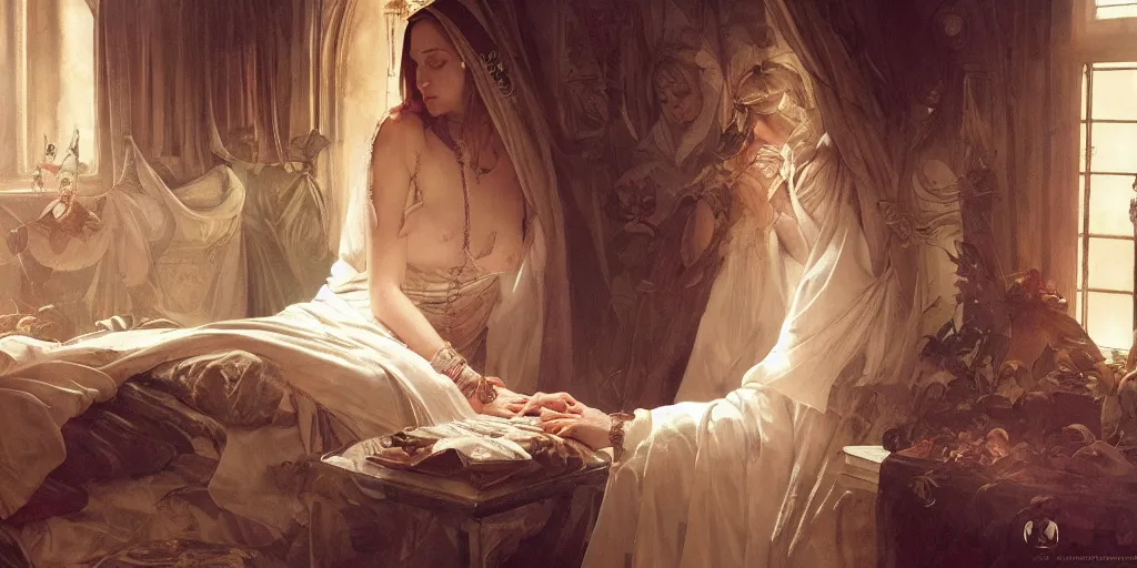 Image similar to photography of a pope making touching a sensual woman in a bedroom, deep focus, intricate, elegant, highly detailed, digital painting, artstation, concept art, matte, sharp focus, illustration, art by artgerm and greg rutkowski and alphonse mucha