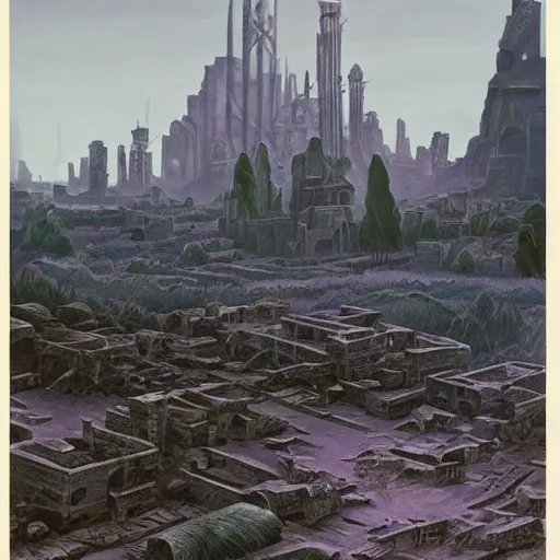 Prompt: 1 9 4 8 unused disney matte painting of a wasteland with the ruins of a modern city in the distance.