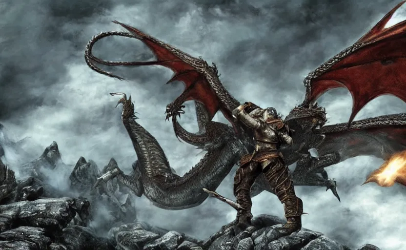 Image similar to joe biden fighting a dragon in skyrim, a photorealistic painting