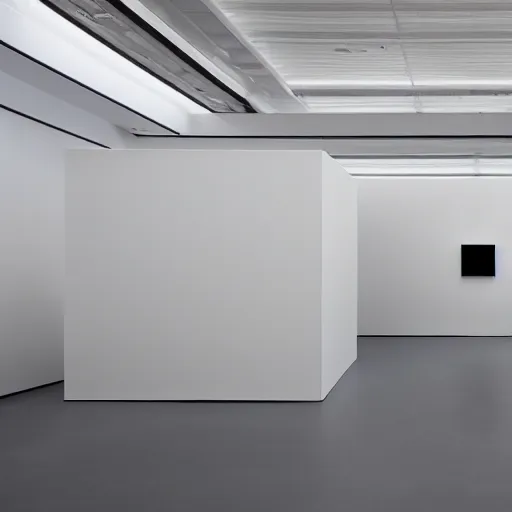 Prompt: a minimalist windowless phone cabin inside a white cube museum atmosphere