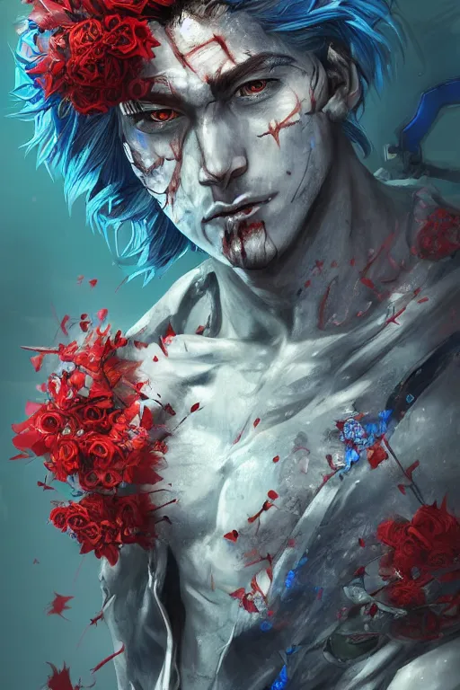 Prompt: portrait of beautiful young man, warhammer, japanic style, cyberpunk, a lot of scars, more and more flowers, blue head, some red water, the middle ages, highly detailed, artstation, illustration, artgerm sylvari portrait, 8 k quality, art by max ernst