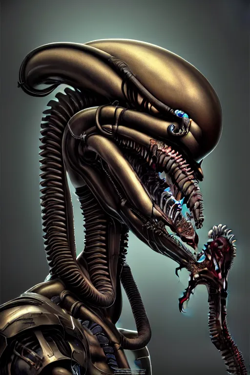 Prompt: highly detailed, industrial photography, profile view of adult xenomorph, long straight bangs, confident, illustration concept art by mark ryden, lostfish, detailed and intricate environment, 8 k resolution, hyperrealistic, octane render