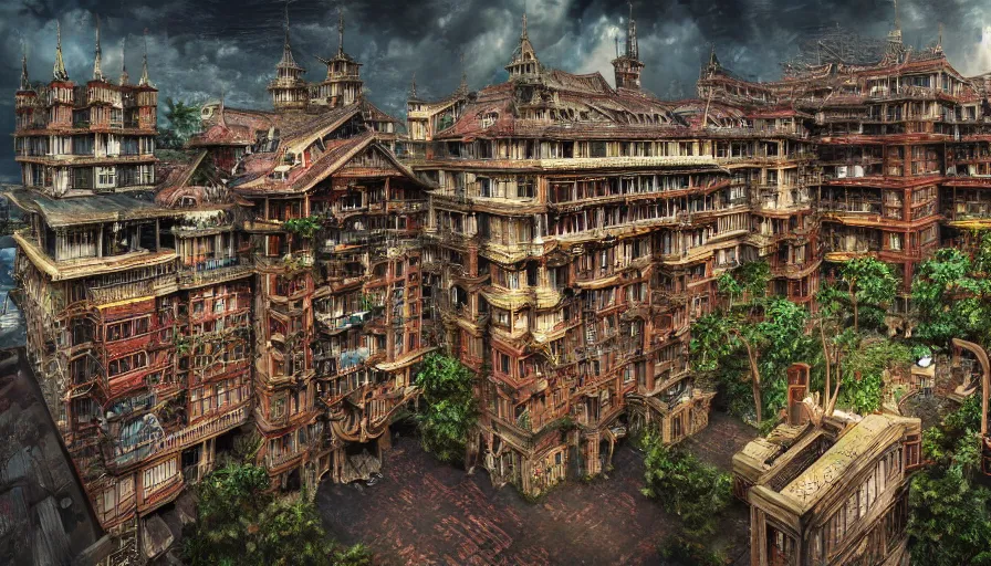 Prompt: enormous sprawling fantasy winchester mystery house, high, skyscraper, high quality, kowloon walled city, sprawl, giant, fractal, cell shading, high details, hyper detailed, trending on artstation