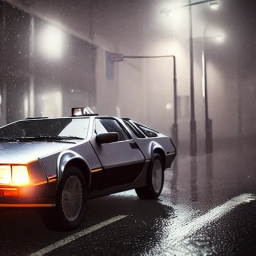 Image similar to hyperdetailed, photorealistic photograph of a dmc 1 2 delorean driving in the streets, rain, night, dense fog, hd, unreal engine 5