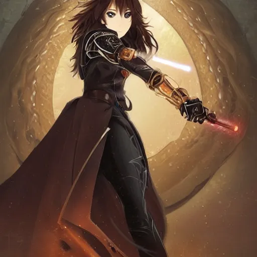 Prompt: a female Kazuto Kirigaya Kirito as young woman with brown long hair and bangs and wearing a long black coat breast-armor showing through, with light-saber, face, fantasy, intricate, elegant, highly detailed drawn by Julie Bell and Fernanda Suarez and Artem Demura, face by Artgerm and Edmund Leighton, Alphonse Mucha, background by James Jean and Gustav Klimt, 4k, porcelain skin, komorebi, french nouveau, trending on pixiv, octane render, hyperrealistic