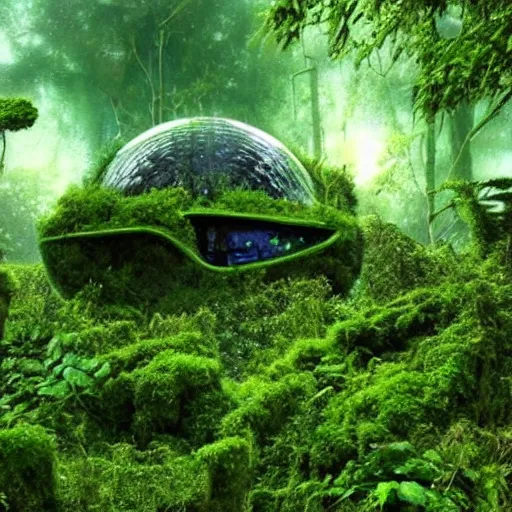 Image similar to a place overgrown with plants, there is a broken spaceship, the space ship has moss on it, hyper realistic, atmospheric