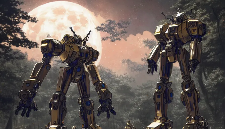 Prompt: large walking mechs and mechsuits covered in reflective gold and silver armor, 'bubblegum crisis' and Japanese mech aesthetic, beautiful moon lit night, many glowing lights, beautiful forests and trees, intricate detail, epic wallpaper, art by WLOP and Jason Chan and darek zabrocki and John Park, trending on artstation, masterpiece.