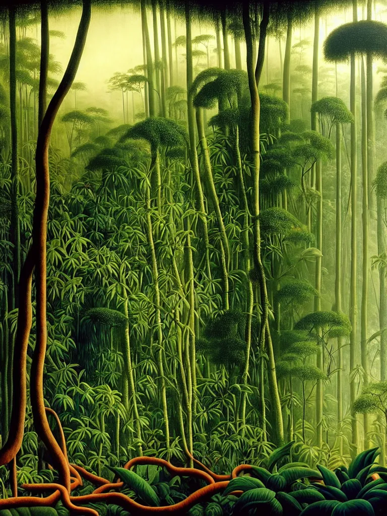 Image similar to A photorealistic painting of the lush interior of a Malaysian jungle, forest canopy covers the morning sunlight, dense exotic tropical flora and fauna gives a foreboding atmosphere where time seems to stand still, creeping vines hangs like bloody entrails, tree roots like severed human limbs as imagined by Martin Johnson Heade, Hiroshi Sugimoto, Henri Rousseau, medium close up shot, wide angle lens, anaglyph filter, cinematic mood lighting, National Geographic photograph, British Pathe archive, cinematography of Apocalypse Now (1977), trending on Art Station.