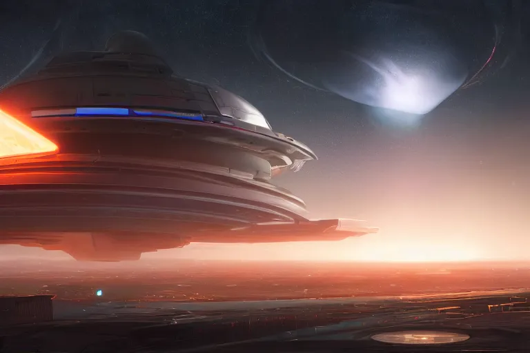 Image similar to a distant futuristic military installation, on the horizon, sleek, menacing, glowing lighting and neon signs, Raymond Swanland and Jessica Rossier nebula like clouds in space background near a ringed gas giant, hyper detailed hyper detailed, 8k, ultra realistic, cinematic lighting, ultra wide 35mm lens, Boeing Concept Art, Lockheed concept art