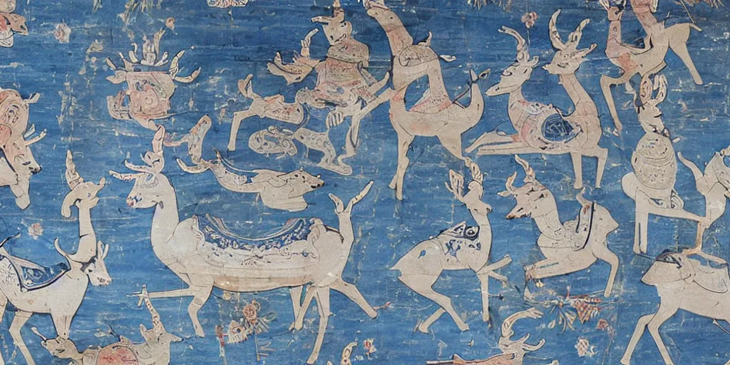 Prompt: beautiful dunhuang murals, blue, white deer