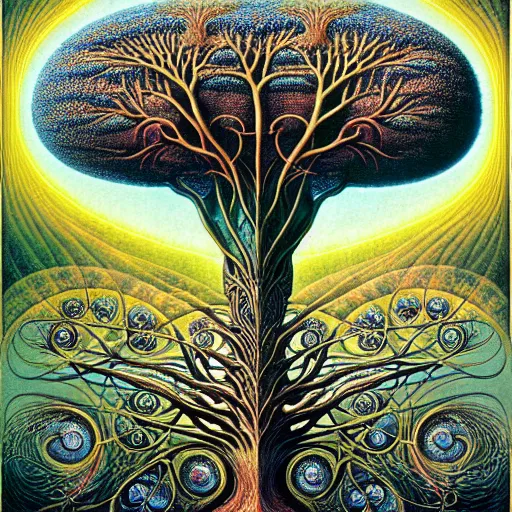 Image similar to tree of life by roger dean and andrew ferez, art forms of nature by ernst haeckel, divine chaos engine, symbolist, visionary, art nouveau, botanical fractal structures, lightning, surreality, lichtenberg figure, daniel merriam