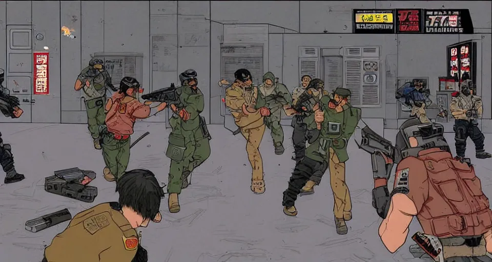 Prompt: 1993 Video Game screenshot for Akira style Anime Neo-tokyo Cyborg bank robbers vs police, Set inside of the Bank, Open Bank Vault, Multiplayer set-piece Ambush, Tactical Squads :10, Police officers under heavy fire, Destructible Enviorments, Gunshots, Bullet Holes and Anime Blood Splatter, :10 Gas Grenades, Riot Shields, MP5, AK45, MP7, P90, Chaos, Anime Machine Gun Fire, Gunplay, Shootout, :14 80s anime style, FLCL + GOLGO 13 :10, Created by Katsuhiro Otomo + Studio Gainax: 20