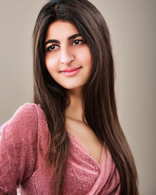 Image similar to a highly realistic, true to life portrait of a beautiful young middle eastern girl, soft focus, from the waist up, with sharp features, a beautiful face, soft smile, under studio lighting, taken with a canon eos camera with 1 3 5 mm focal length